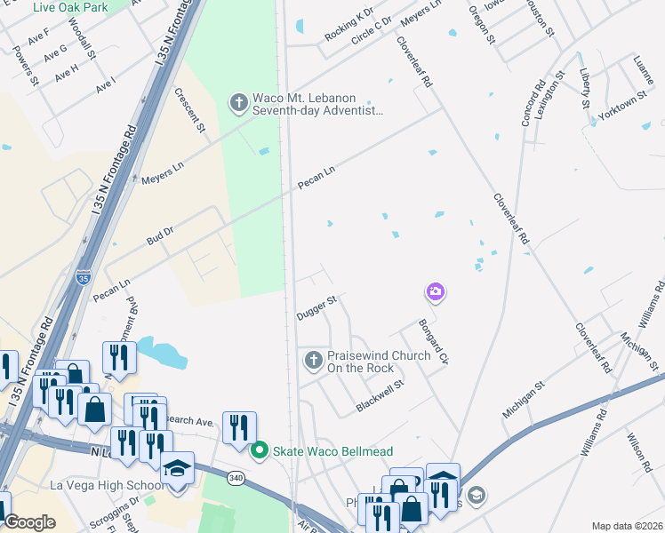 map of restaurants, bars, coffee shops, grocery stores, and more near 1405 Air Base Road in Bellmead