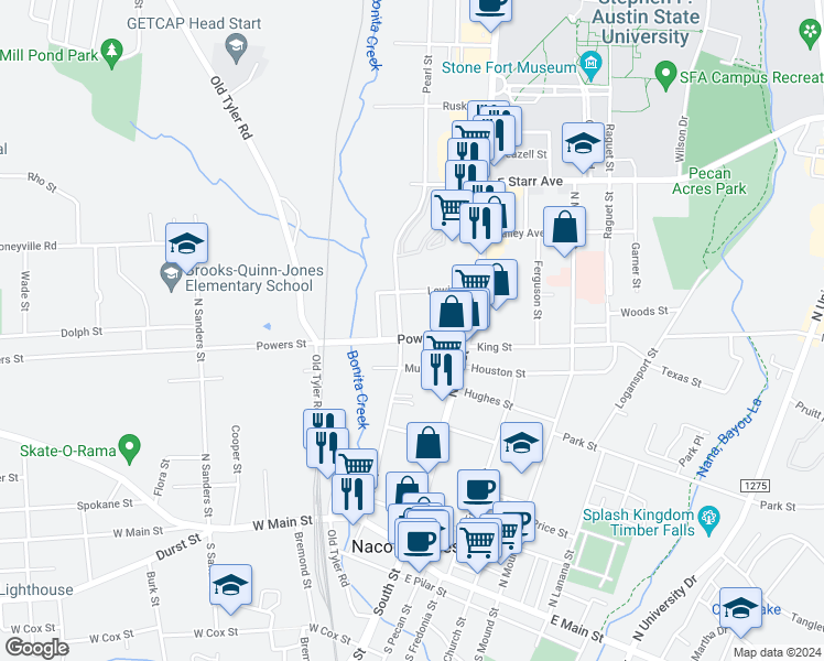 map of restaurants, bars, coffee shops, grocery stores, and more near 304 Powers Street in Nacogdoches