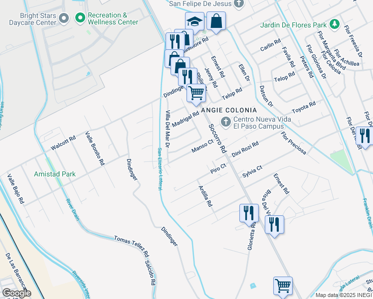 map of restaurants, bars, coffee shops, grocery stores, and more near 11583 La Poblana Drive in Socorro