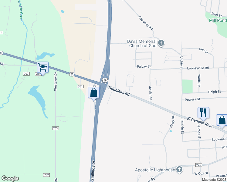 map of restaurants, bars, coffee shops, grocery stores, and more near 2427 Douglass Road in Nacogdoches