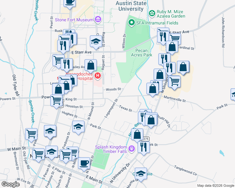 map of restaurants, bars, coffee shops, grocery stores, and more near 1004 Logansport Street in Nacogdoches