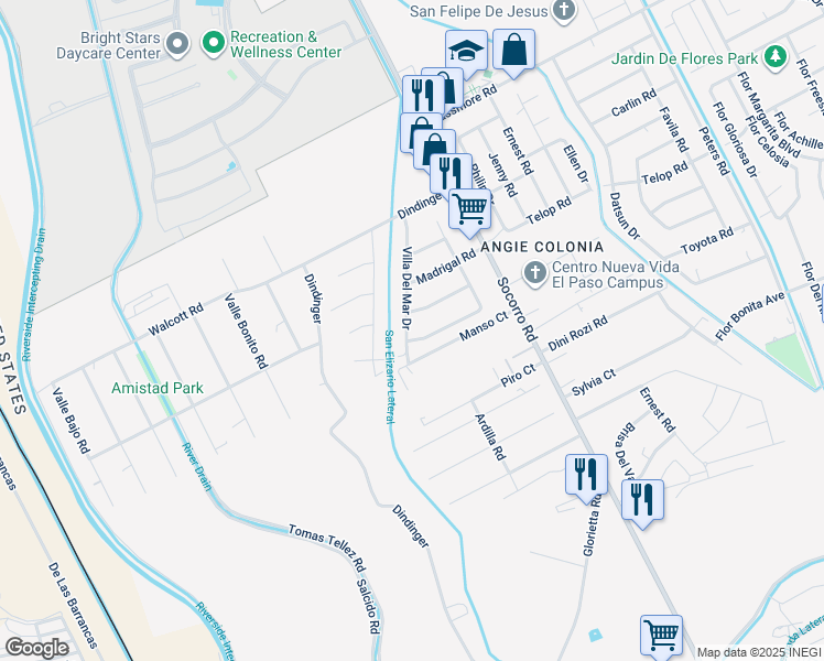map of restaurants, bars, coffee shops, grocery stores, and more near 11594 La Poblana Drive in Socorro