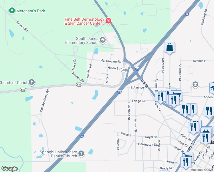 map of restaurants, bars, coffee shops, grocery stores, and more near 199 Mize Street in Ellisville
