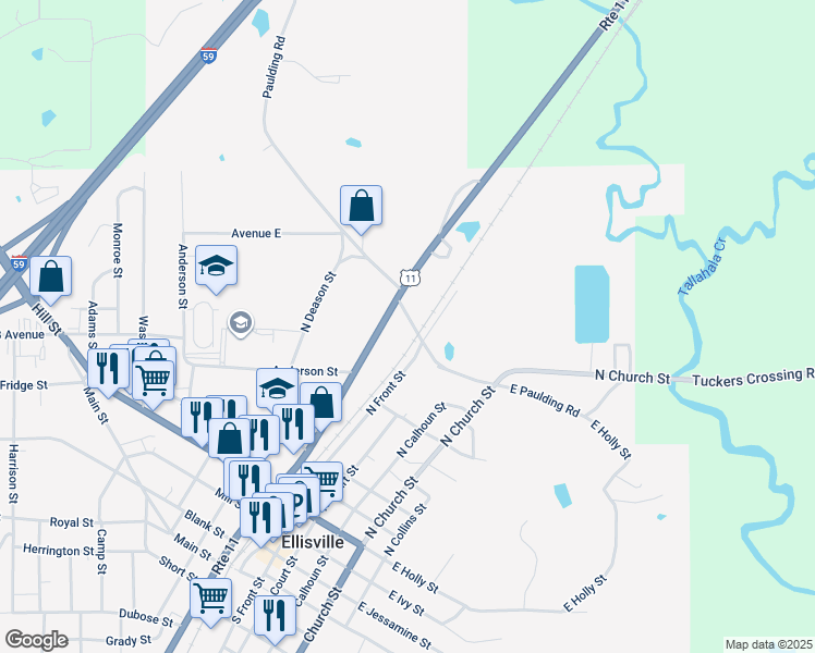 map of restaurants, bars, coffee shops, grocery stores, and more near 201-203 West Paulding Road in Ellisville