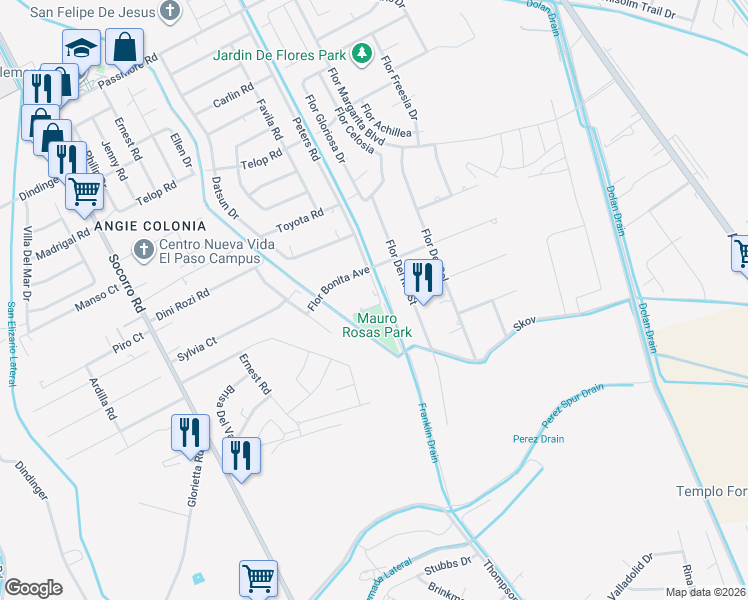 map of restaurants, bars, coffee shops, grocery stores, and more near 331 Flor Morada in Socorro