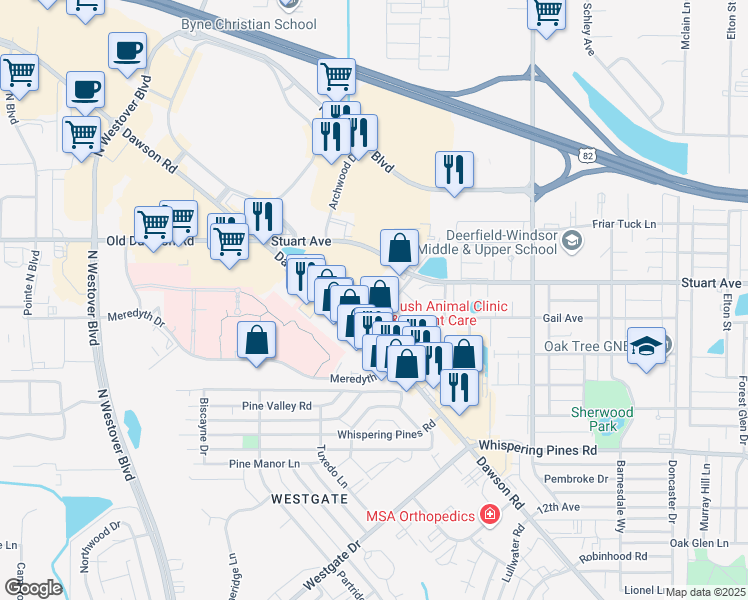 map of restaurants, bars, coffee shops, grocery stores, and more near 2507 Dawson Road in Albany