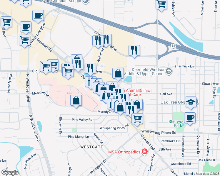 map of restaurants, bars, coffee shops, grocery stores, and more near 2507 Dawson Road in Albany