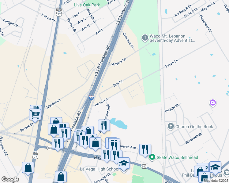 map of restaurants, bars, coffee shops, grocery stores, and more near 3735 Pecan Lane in Waco