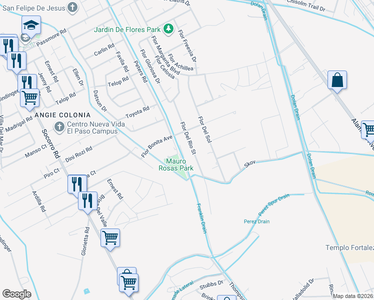map of restaurants, bars, coffee shops, grocery stores, and more near 331 Flor Morada in Socorro
