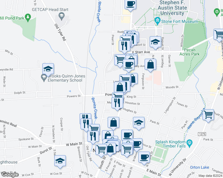 map of restaurants, bars, coffee shops, grocery stores, and more near 310 Powers Street in Nacogdoches
