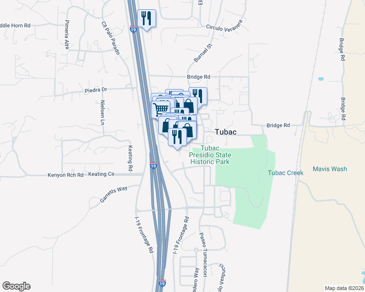 map of restaurants, bars, coffee shops, grocery stores, and more near 40 Avenida Goya in Tubac