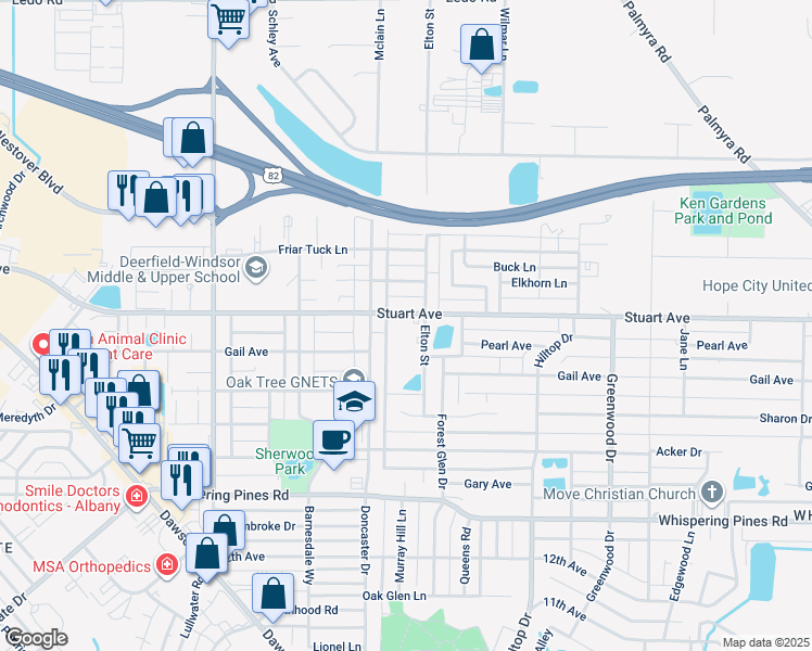 map of restaurants, bars, coffee shops, grocery stores, and more near 2200 Stuart Avenue in Albany