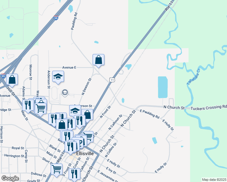 map of restaurants, bars, coffee shops, grocery stores, and more near 201 West Paulding Road in Ellisville