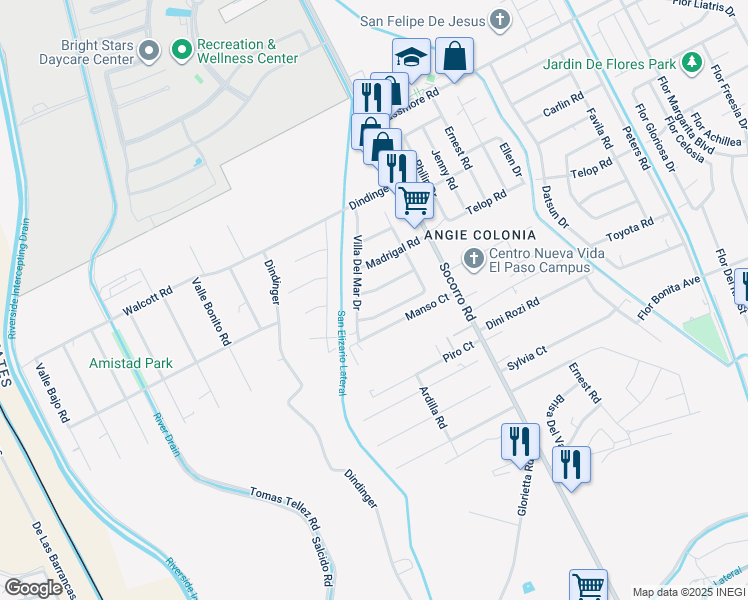 map of restaurants, bars, coffee shops, grocery stores, and more near 11594 La Poblana Drive in Socorro