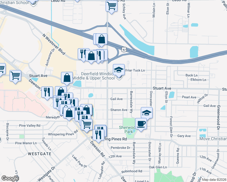 map of restaurants, bars, coffee shops, grocery stores, and more near 2400 Nottingham Way in Albany