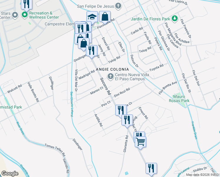 map of restaurants, bars, coffee shops, grocery stores, and more near 11670 Socorro Road in Socorro