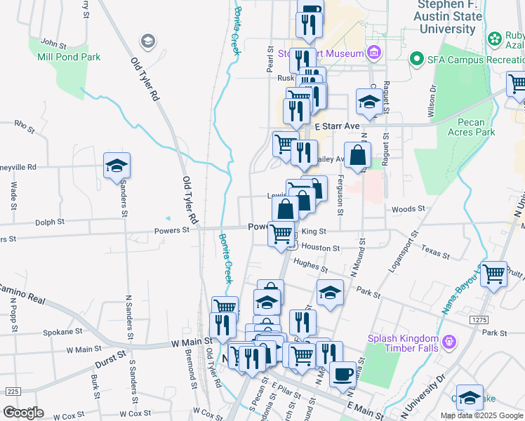 map of restaurants, bars, coffee shops, grocery stores, and more near 310 Powers Street in Nacogdoches