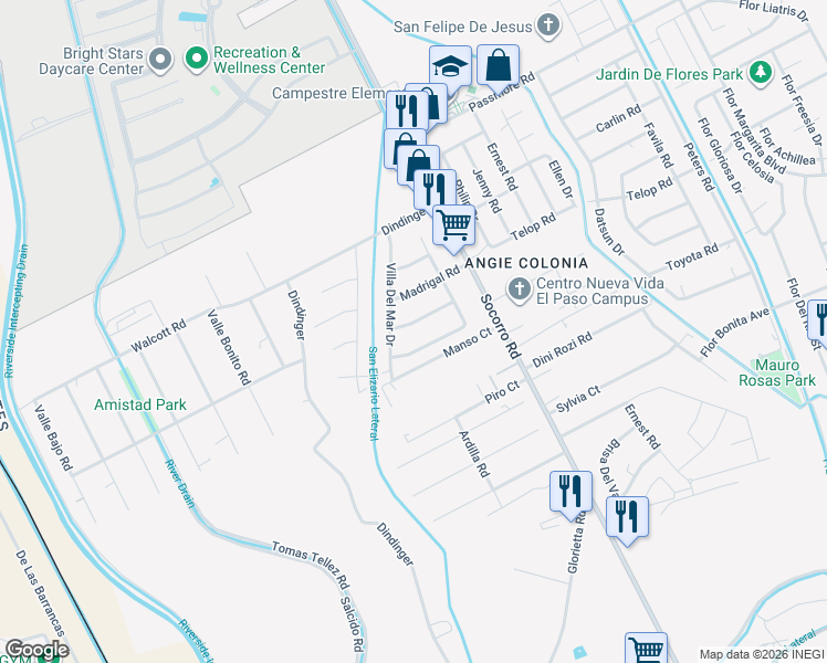 map of restaurants, bars, coffee shops, grocery stores, and more near 11594 La Poblana Drive in Socorro