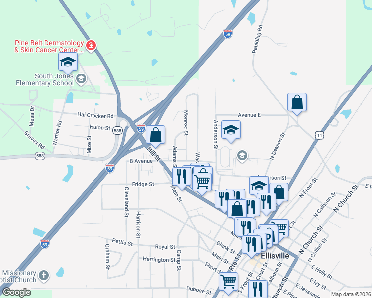map of restaurants, bars, coffee shops, grocery stores, and more near 408 Monroe Street in Ellisville