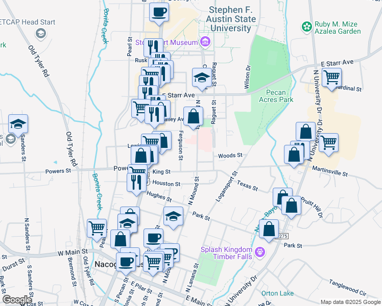 map of restaurants, bars, coffee shops, grocery stores, and more near 3321 East Main Street in Nacogdoches