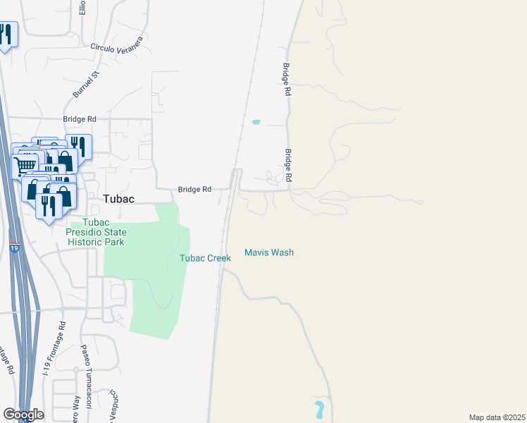 map of restaurants, bars, coffee shops, grocery stores, and more near 127 Bridge Road in Tubac