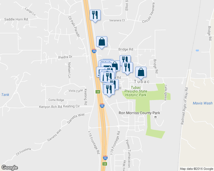map of restaurants, bars, coffee shops, grocery stores, and more near 35 Tubac Road in Tubac