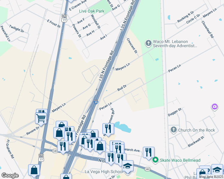map of restaurants, bars, coffee shops, grocery stores, and more near 191 Bud Drive in Waco