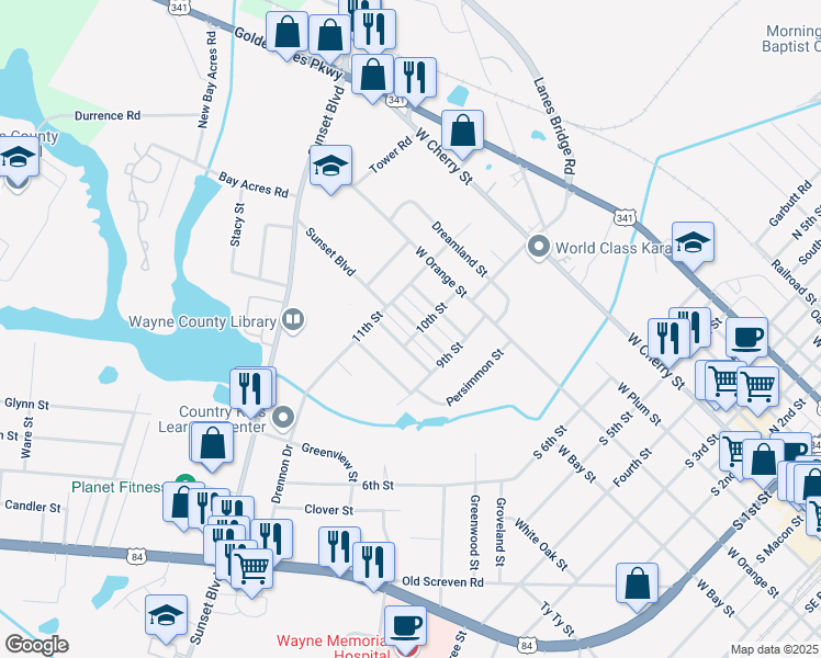 map of restaurants, bars, coffee shops, grocery stores, and more near 241 Jones Street in Jesup