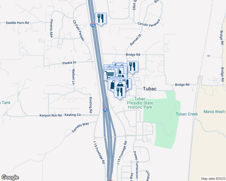 map of restaurants, bars, coffee shops, grocery stores, and more near 6 Tubac Road in Tubac