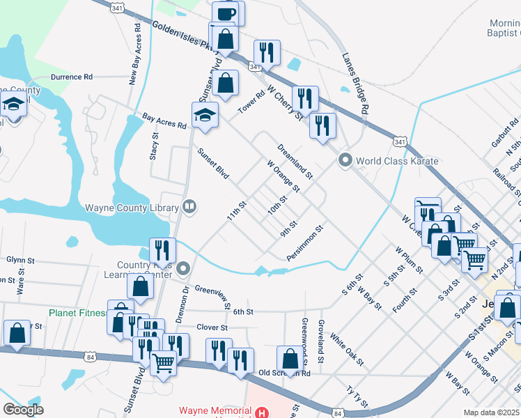 map of restaurants, bars, coffee shops, grocery stores, and more near 241 Jones Street in Jesup