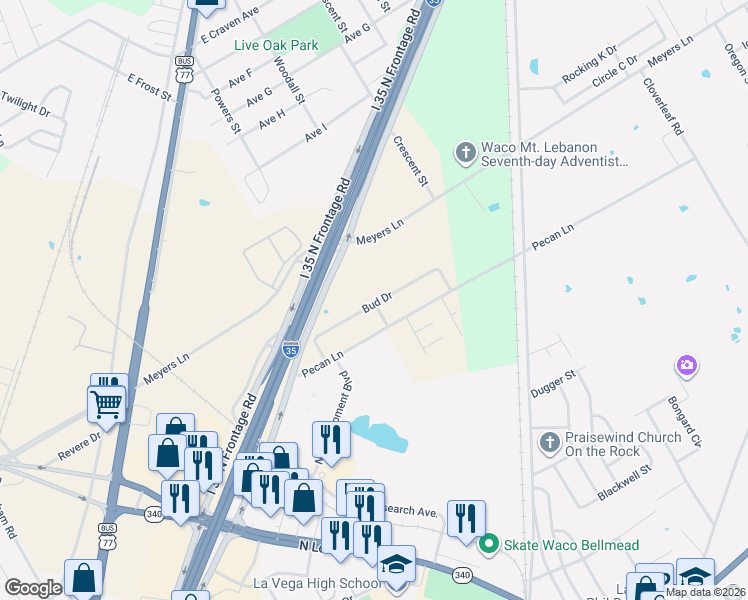 map of restaurants, bars, coffee shops, grocery stores, and more near 313 Boots Court in Lorena