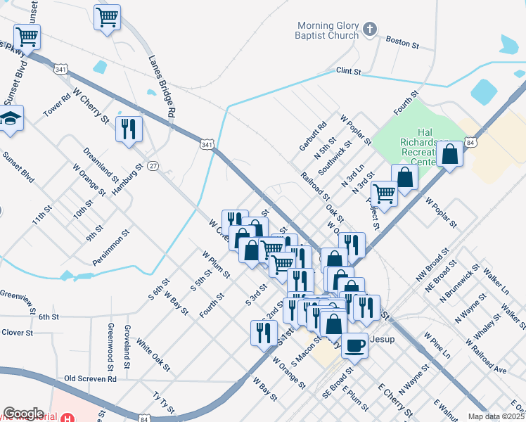 map of restaurants, bars, coffee shops, grocery stores, and more near 267 North 5th Street in Jesup