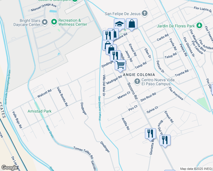 map of restaurants, bars, coffee shops, grocery stores, and more near 676 Madrigal Road in Socorro