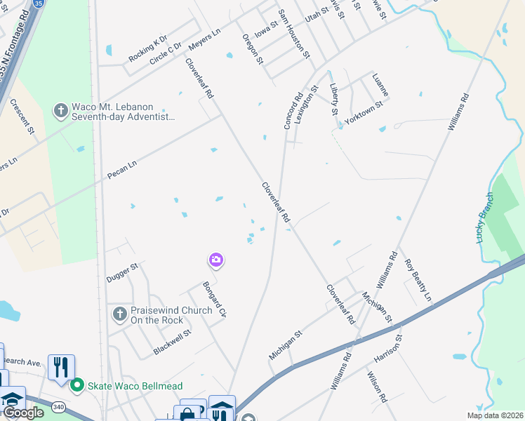 map of restaurants, bars, coffee shops, grocery stores, and more near 4524 Concord Road in Waco