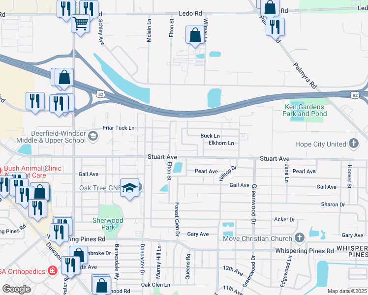 map of restaurants, bars, coffee shops, grocery stores, and more near 2535 Bascom Drive in Albany