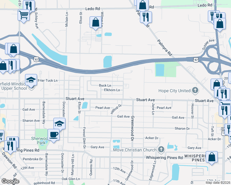 map of restaurants, bars, coffee shops, grocery stores, and more near 1904 Elkhorn Lane in Albany