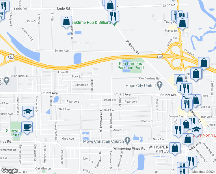 map of restaurants, bars, coffee shops, grocery stores, and more near 2507A Homewood Drive in Albany