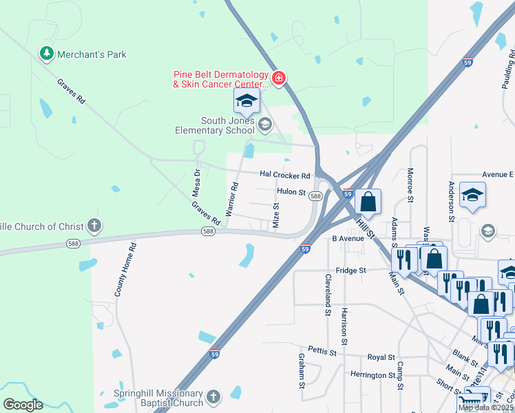 map of restaurants, bars, coffee shops, grocery stores, and more near 107-199 Mize St in Ellisville