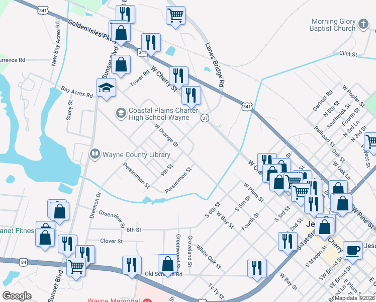 map of restaurants, bars, coffee shops, grocery stores, and more near 105 Dreamland Street in Jesup