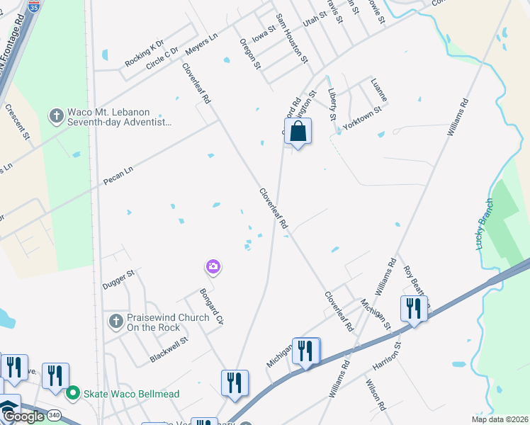 map of restaurants, bars, coffee shops, grocery stores, and more near 4524 Concord Road in Waco