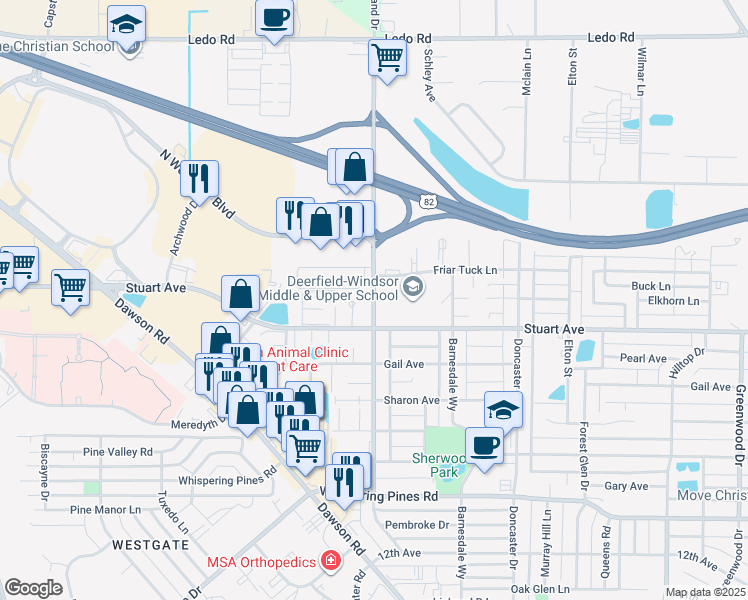 map of restaurants, bars, coffee shops, grocery stores, and more near Nottingham Way in Albany