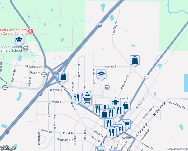map of restaurants, bars, coffee shops, grocery stores, and more near Anderson Street in Ellisville