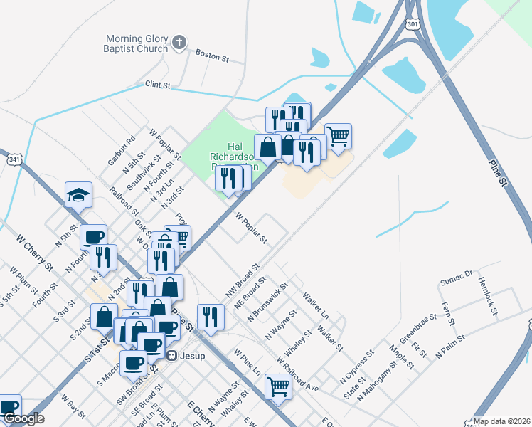 map of restaurants, bars, coffee shops, grocery stores, and more near 690 North Macon Street in Jesup