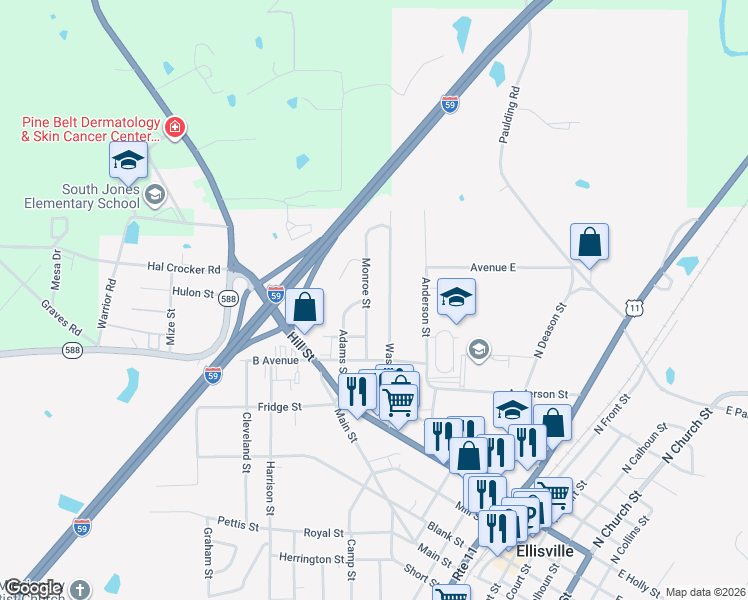 map of restaurants, bars, coffee shops, grocery stores, and more near 404-408 Monroe St in Ellisville