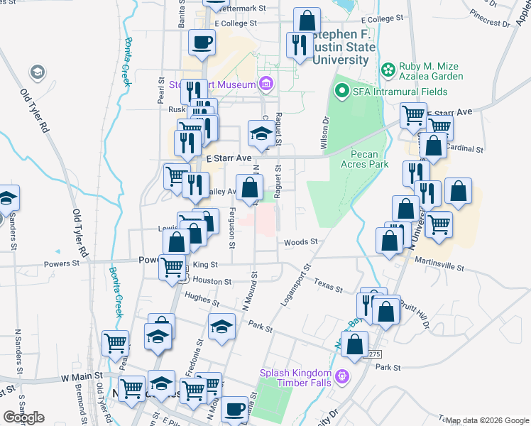 map of restaurants, bars, coffee shops, grocery stores, and more near 1204 North Mound Street in Nacogdoches