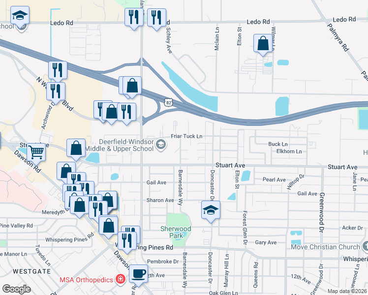 map of restaurants, bars, coffee shops, grocery stores, and more near 2300-2320 Friar Tuck Lane in Albany