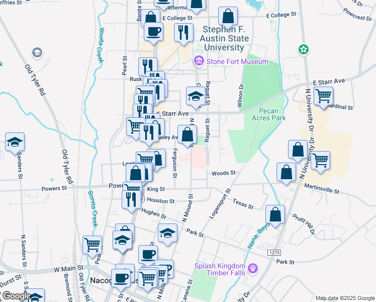 map of restaurants, bars, coffee shops, grocery stores, and more near 1203 North Mound Street in Nacogdoches