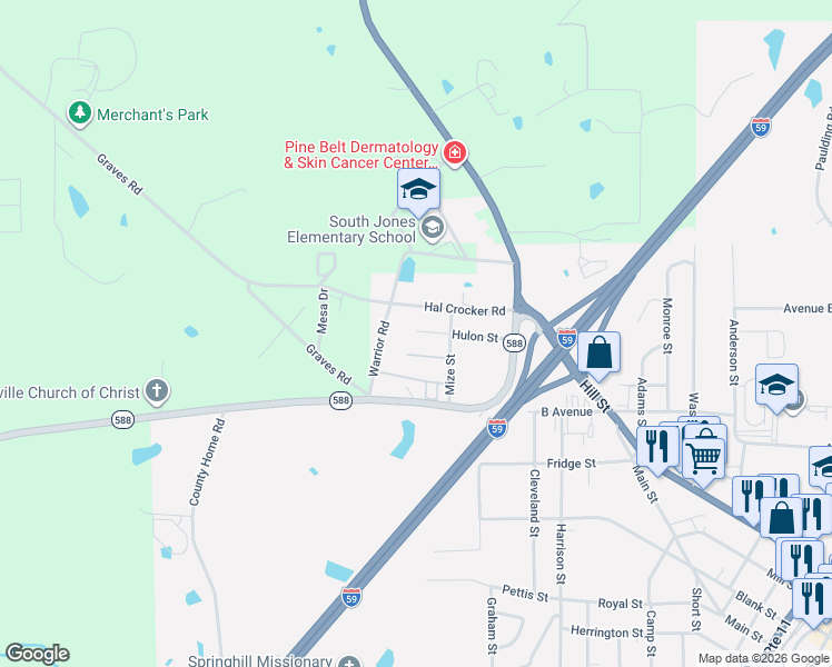 map of restaurants, bars, coffee shops, grocery stores, and more near 200 Hulon Street in Ellisville