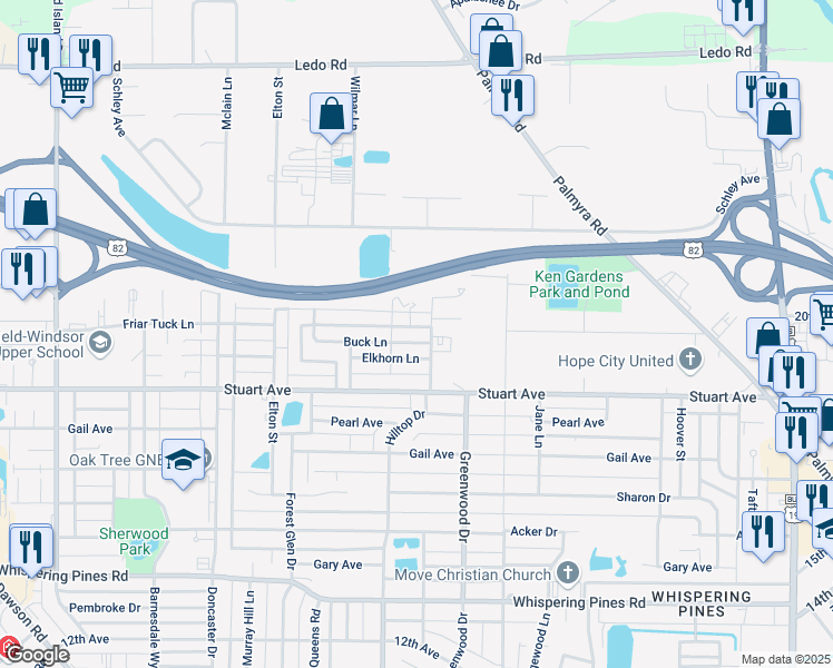 map of restaurants, bars, coffee shops, grocery stores, and more near 1902 Buck Lane in Albany