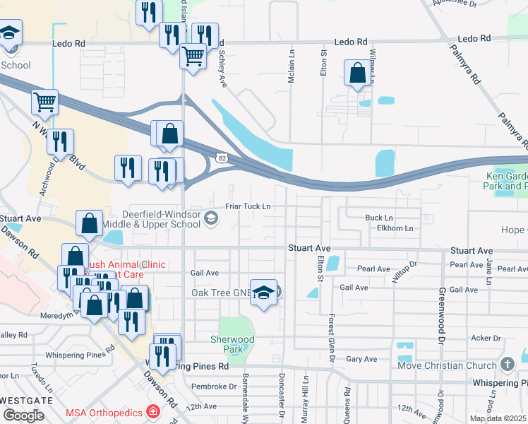 map of restaurants, bars, coffee shops, grocery stores, and more near 2216 Friar Tuck Lane in Albany